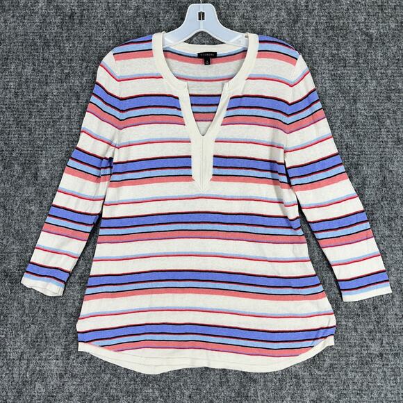 Talbots Sweater Mens Small White Striped Linen‎ Split Neck 3/4 Sleeve Below Hip - Picture 1 of 8